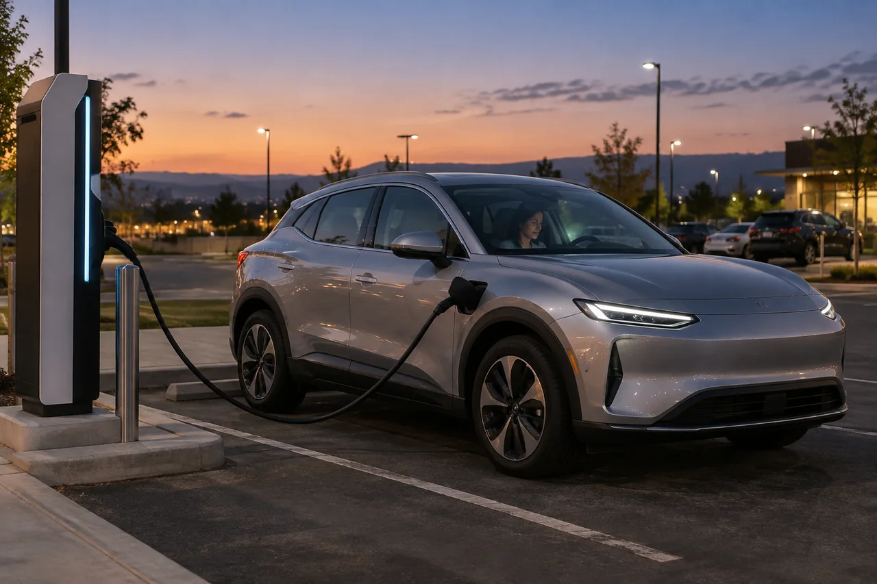 Driver sitting inside an electric car while it charges at a public charging station