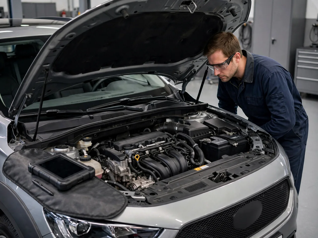Technician inspecting a Subaru engine bay during an EGR system assessment