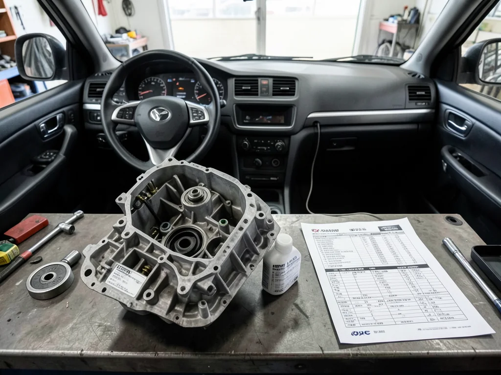Sealed transmission fluid containers beside a ZF automatic transmission in a clean workshop