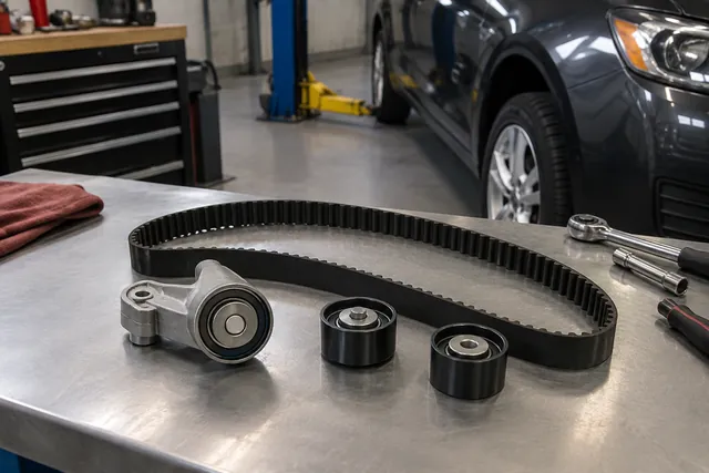 Timing belt, tensioner, and idler pulleys arranged on a clean automotive workbench