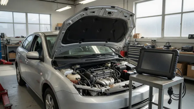 Diagnostic scan tool beside an engine bay during a P0016 crankshaft and camshaft correlation check