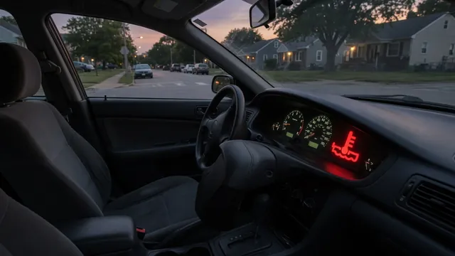 Parked vehicle with its engine off and a dashboard engine temperature warning illuminated.