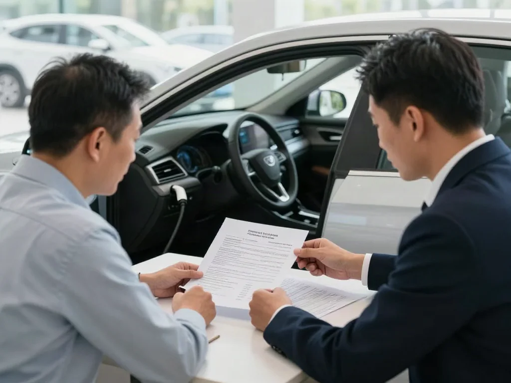 Used-car buyer reviewing sales documents with a dealer at a desk beside the showroom