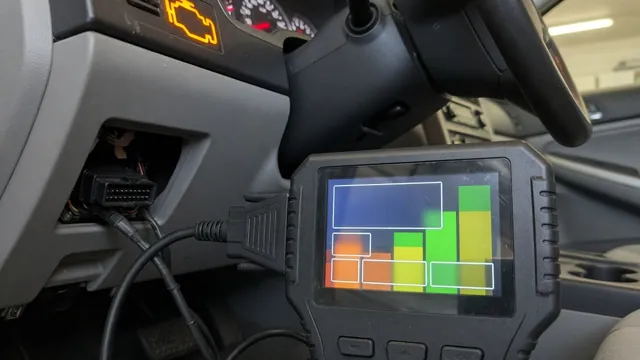 OBD-II scan tool plugged in under a car dashboard with the check engine light on, reading a stored trouble code