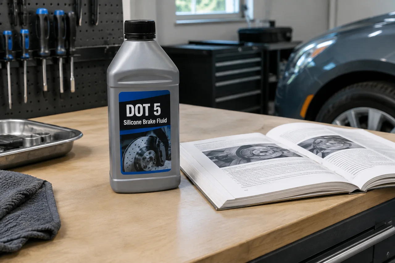Sealed DOT 5 silicone brake fluid container beside an owner's manual on a clean workbench
