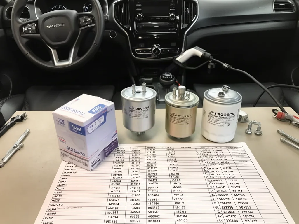 Fuel filters beside a reference chart showing part numbers and fitment fields