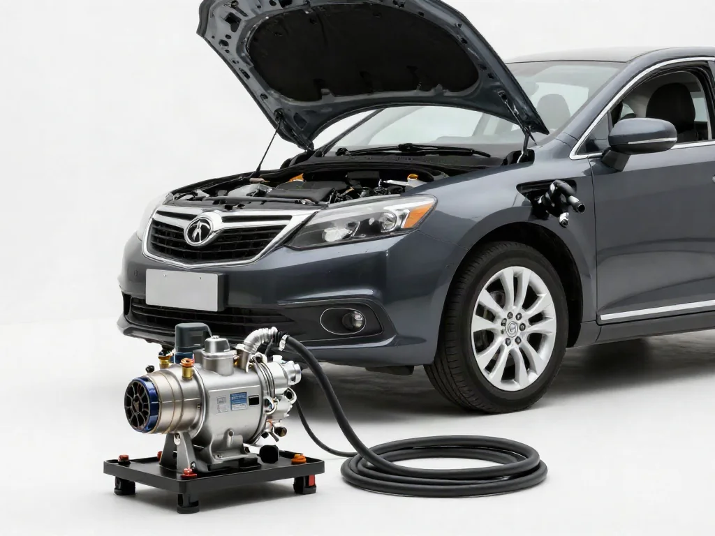 Automotive AC vacuum pump and service machine beside a car in a repair bay