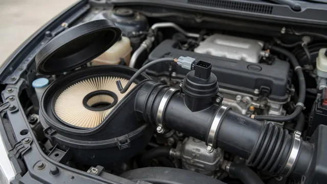 Mass air flow sensor mounted in an intake tube beside an engine air filter housing