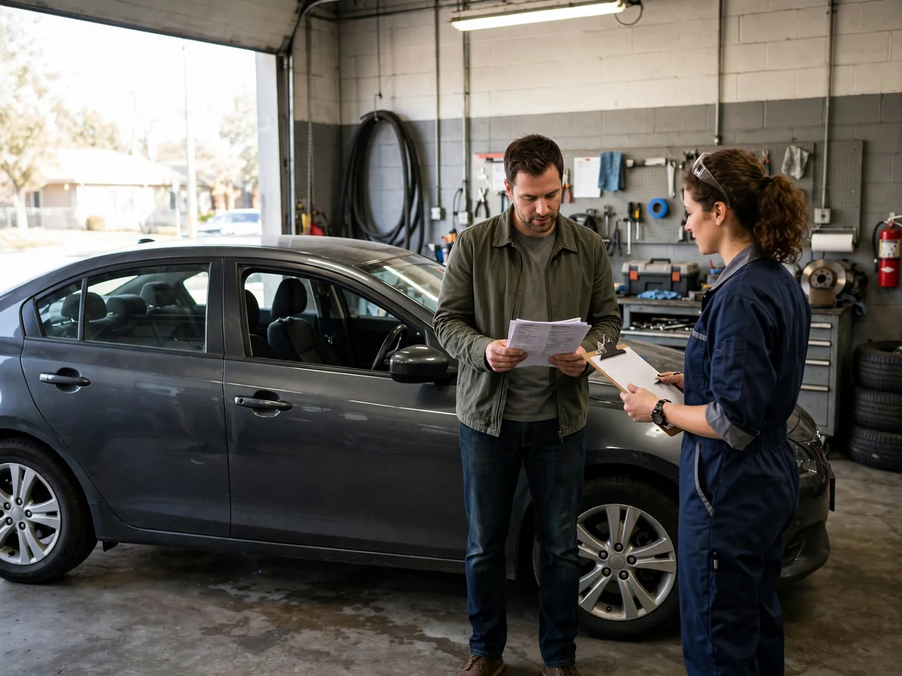 Buyer reviewing vehicle title documents beside a used car during an independent inspection