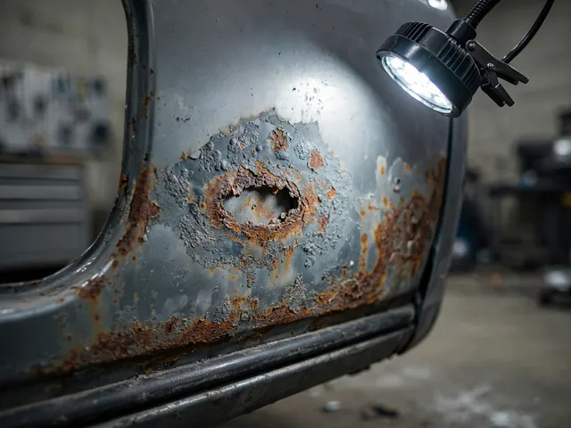 Small rust hole with bubbling paint on a car body panel, inspected under a bright work light