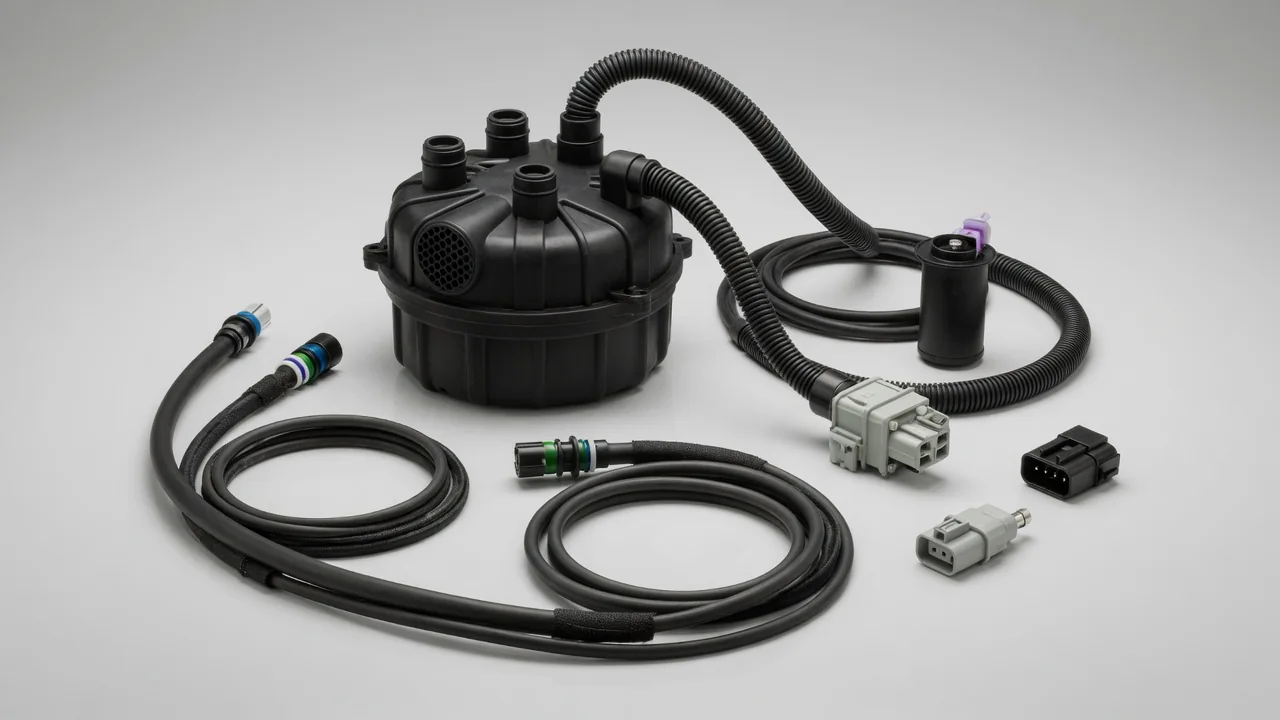Illustration of an EVAP canister, vent valve, switching valve, and electrical connectors