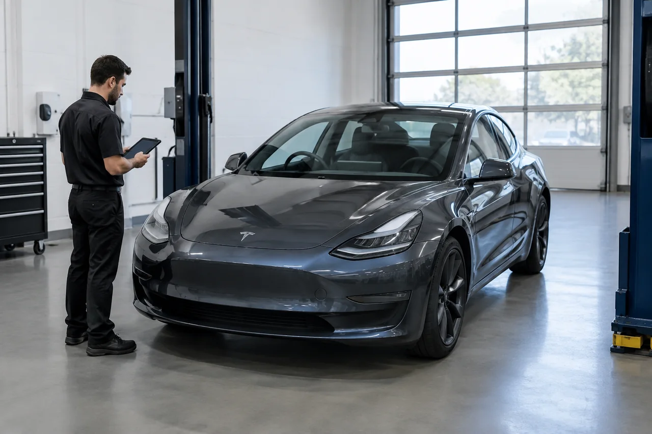 Tesla parked in a clean service bay for a brake fluid inspection