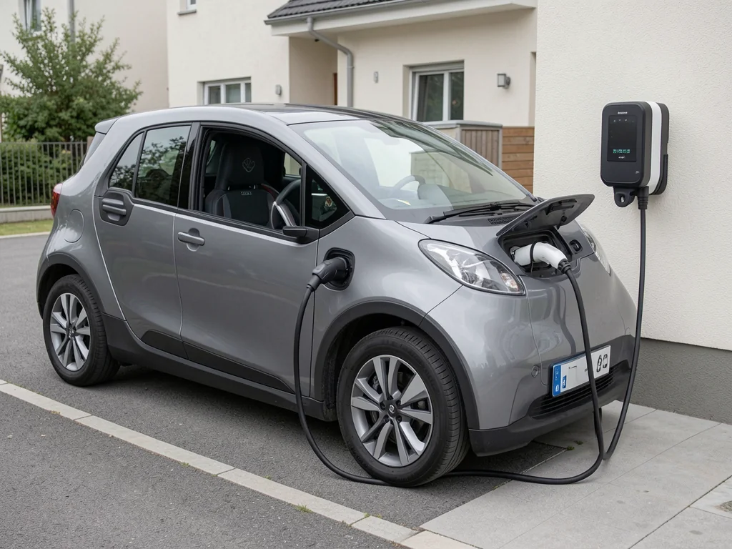 Electric car parked within reach of a wall charger, with its charging cable clear of a walkway