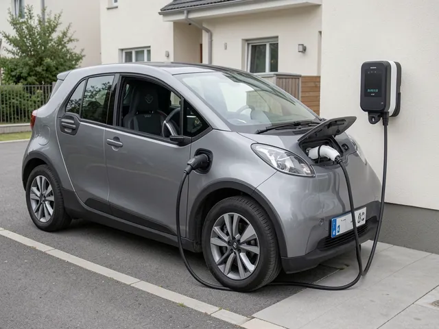 Electric car parked within reach of a wall charger, with its charging cable clear of a walkway