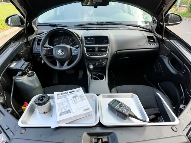 Brake fluid test strips and an electronic tester beside a closed brake fluid reservoir