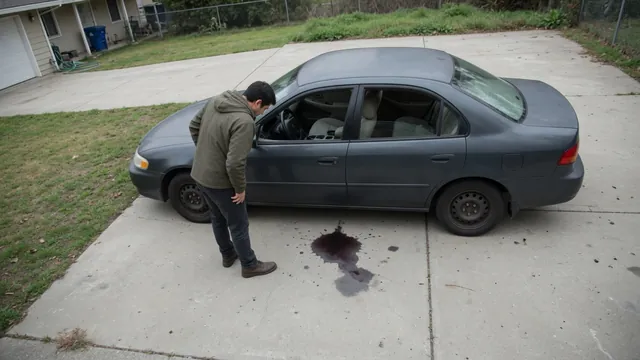 Driver observing a fluid spot beneath a parked car on a level driveway