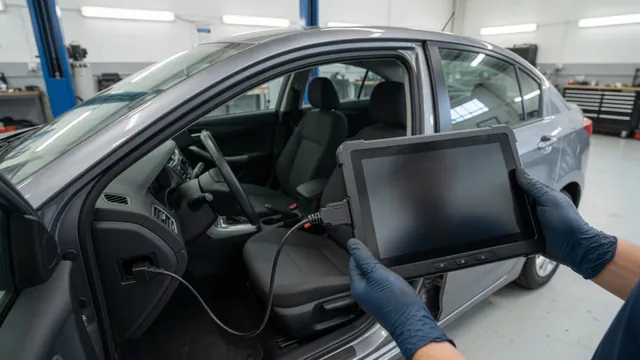 Diagnostic scan tool displaying B0229 beside a vehicle dashboard in an automotive workshop