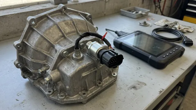 Diagnostic scan tool beside a transmission with the hydraulic pressure sensor circuit highlighted