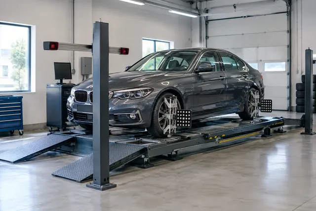 Vehicle on an alignment rack with wheel targets attached after suspension service