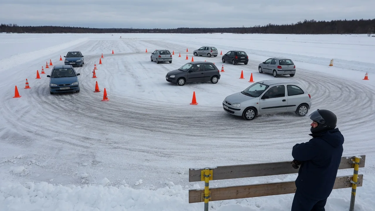 Cars spaced apart on a snowy closed training course marked with cones