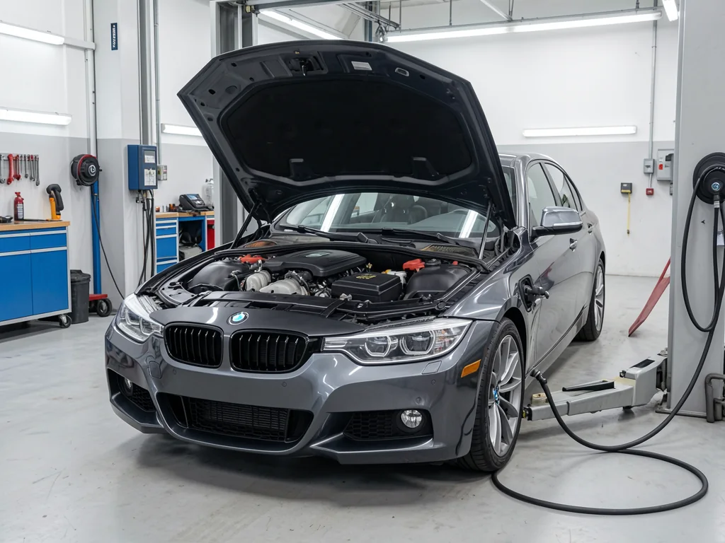 BMW 328i parked in a service bay with its hood open for an engine inspection