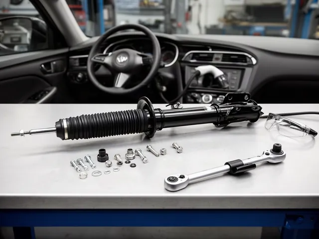 Complete automotive strut assembly and mounting hardware on a clean workshop bench