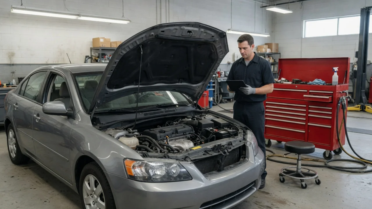 Technician reviewing diagnostic scan data beside a parked vehicle with its engine off