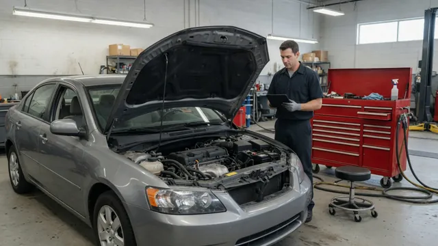 Technician reviewing diagnostic scan data beside a parked vehicle with its engine off