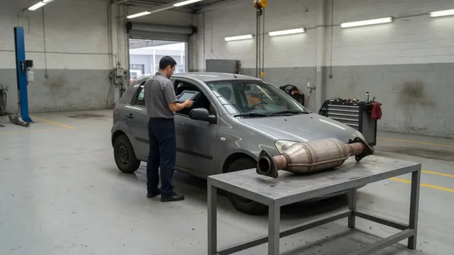 Technician reviewing scan tool data beside a vehicle during a catalytic converter inspection