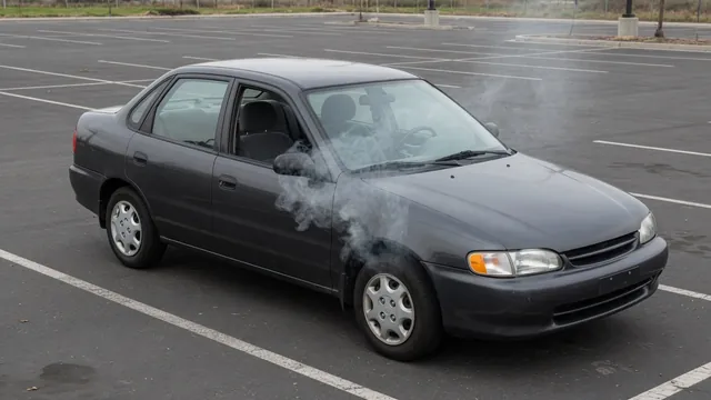 Parked car with faint smoke rising near the hood after an oil change