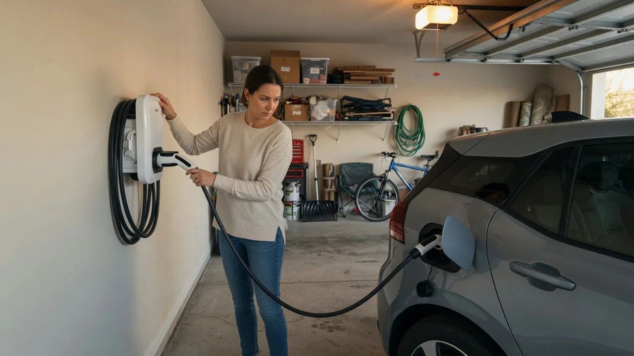 Automotive scene illustrating What to Check Before Plugging an EV in at Home