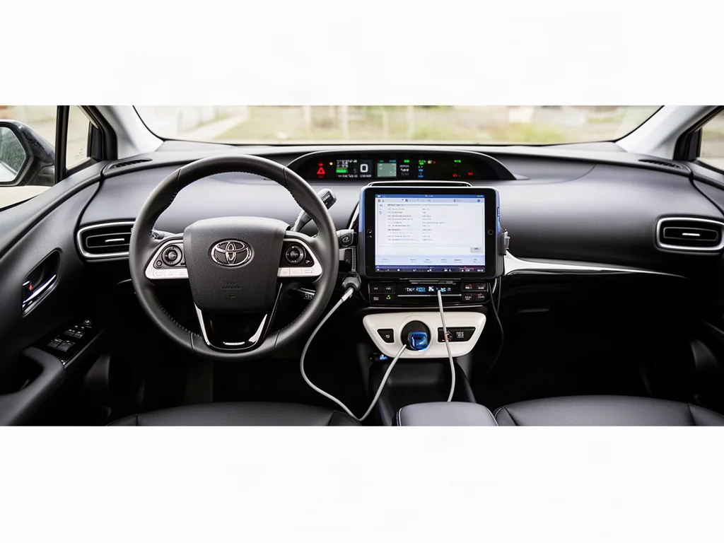 Prius dashboard with a hybrid system warning and a diagnostic tablet beside the steering wheel
