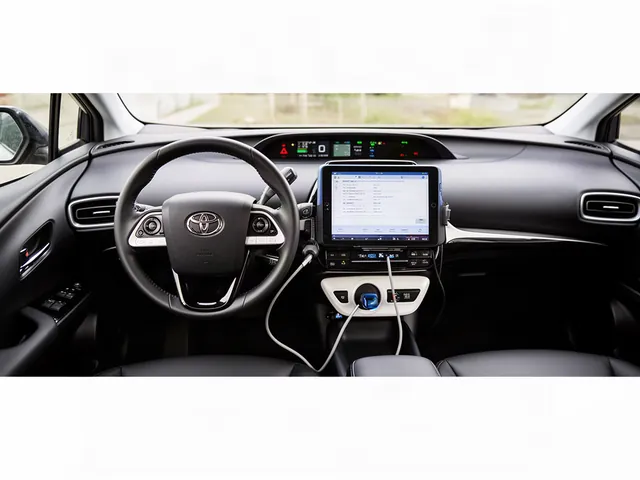 Prius dashboard with a hybrid system warning and a diagnostic tablet beside the steering wheel