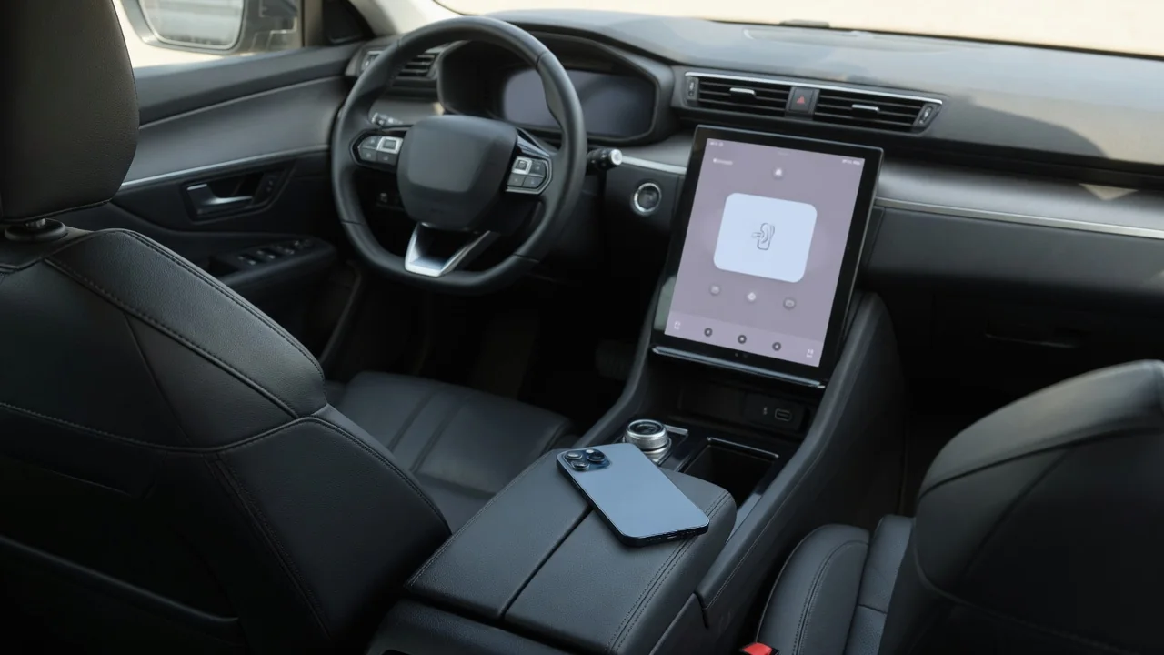 iPhone on a parked car's center console next to an infotainment screen showing a phone connection menu