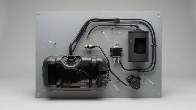 Labeled illustration of an automotive EVAP system with purge valve, vent valve, charcoal canister, and fuel tank
