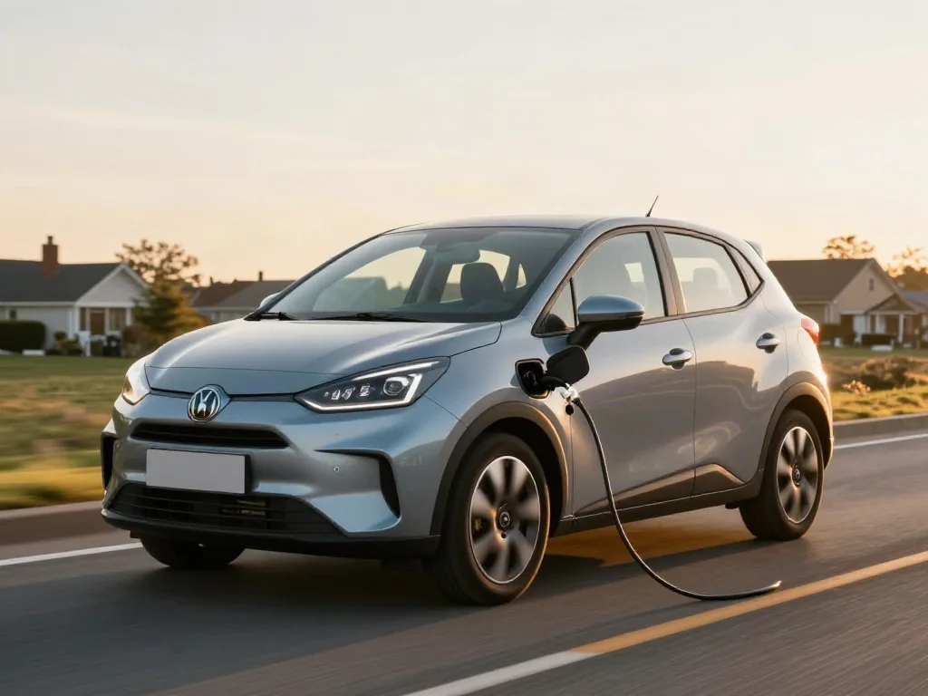Driver slowing a compact electric car on a downhill road using a steering-wheel regen paddle