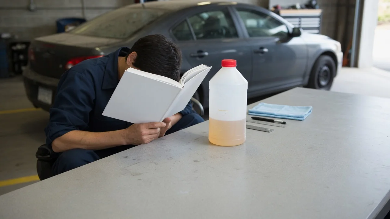 Nissan owner checking the vehicle manual beside a closed power steering fluid bottle