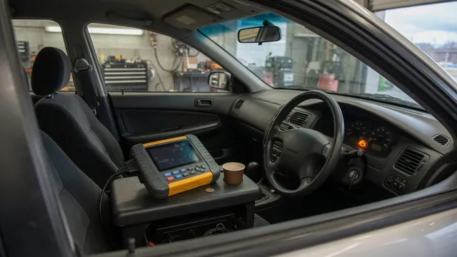 Diagnostic scanner beside a vehicle dashboard with an illuminated check engine light