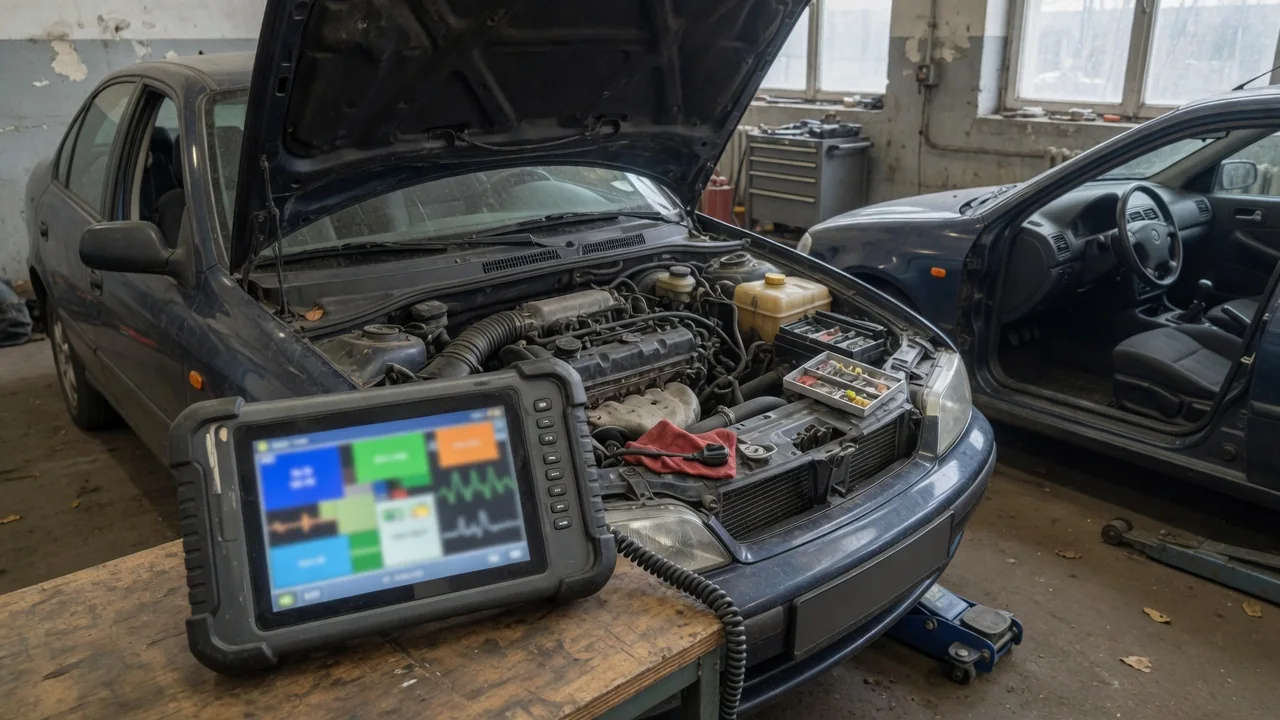 Diagnostic scanner displaying P1166 beside a vehicle with its hood open