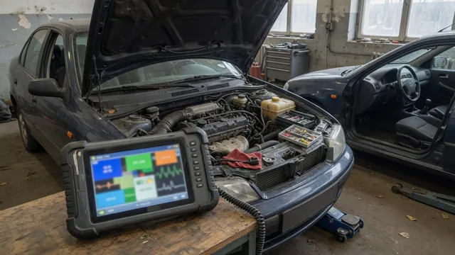 Diagnostic scanner displaying P1166 beside a vehicle with its hood open