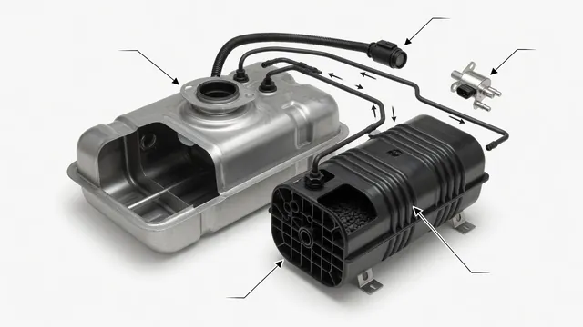 Conceptual EVAP diagram showing a fuel tank, charcoal canister, vent valve, and engine purge connection.