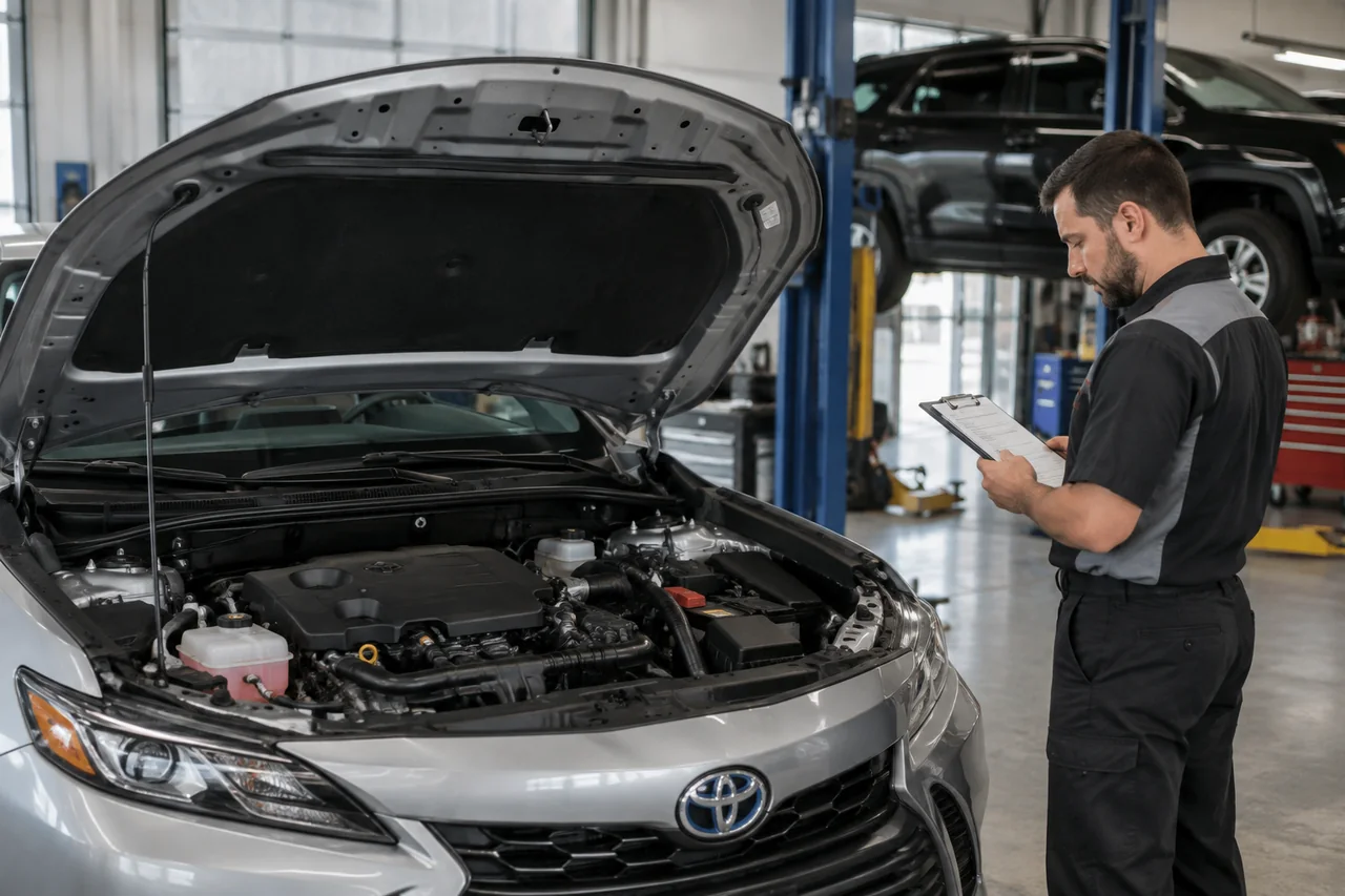 Toyota engine bay with a technician reviewing maintenance records before timing belt service