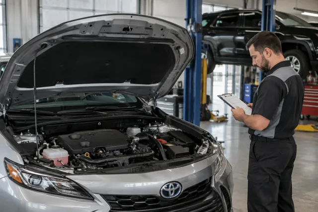 Toyota engine bay with a technician reviewing maintenance records before timing belt service