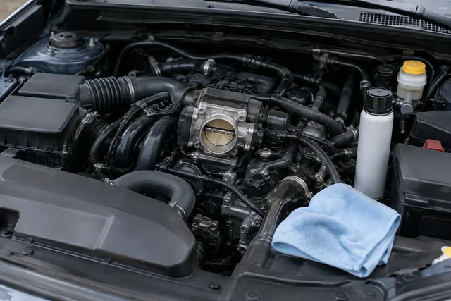 Subaru engine bay showing the throttle body area and a lint-free cleaning cloth