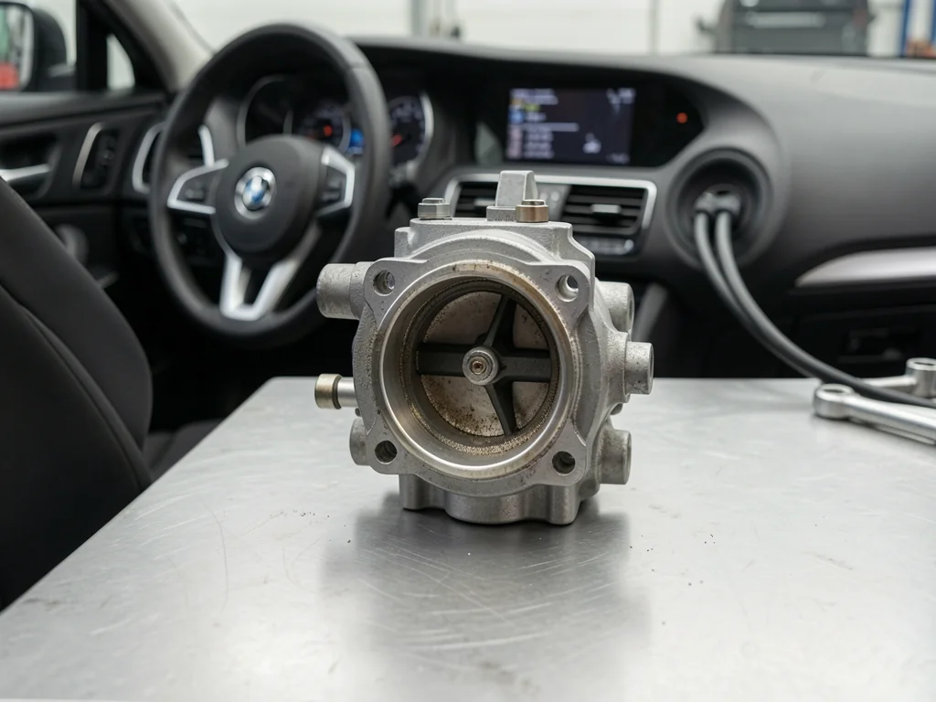 Throttle body with light deposits visible around the throttle plate during a maintenance inspection