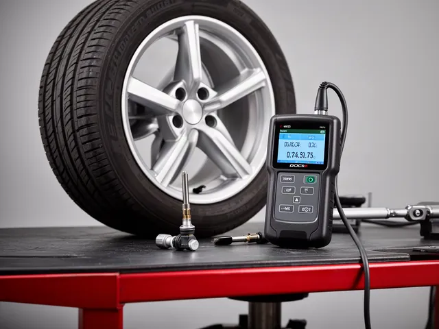New tire pressure sensor and a handheld TPMS tool next to a wheel with the tire partially dismounted on a shop bench