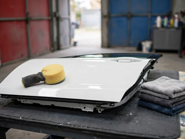 Wax applicator beside a clean white car panel with red and blue painted panels in the background