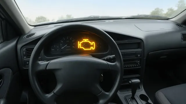 Illustration of a Ford Escape dashboard with an illuminated amber check engine symbol