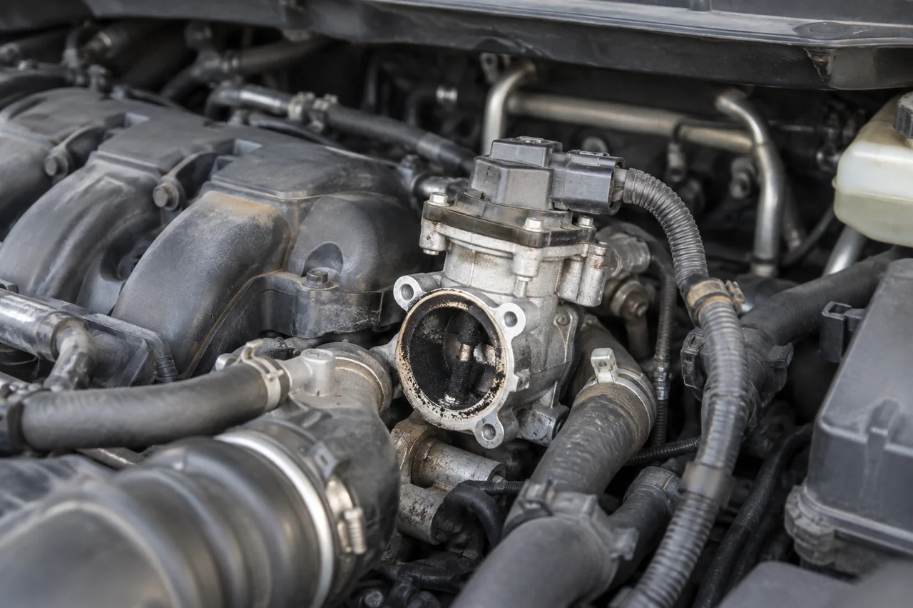 Close-up of an EGR valve with a wiring connector near the intake manifold in a car engine bay