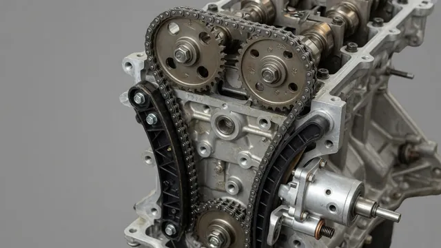 Engine timing assembly showing the chain, camshaft sprockets, guides, and tensioner